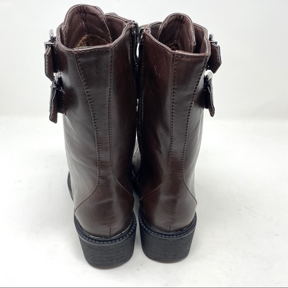 New in Box Brown Platform Vegan Leather Mid Shaft Buckle Zip Up Moto Boots - Picture 4 of 8